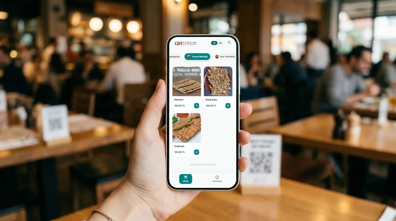 Mobil uyumlu menü ekranı — kategori, ürün, fotoğraf, fiyat