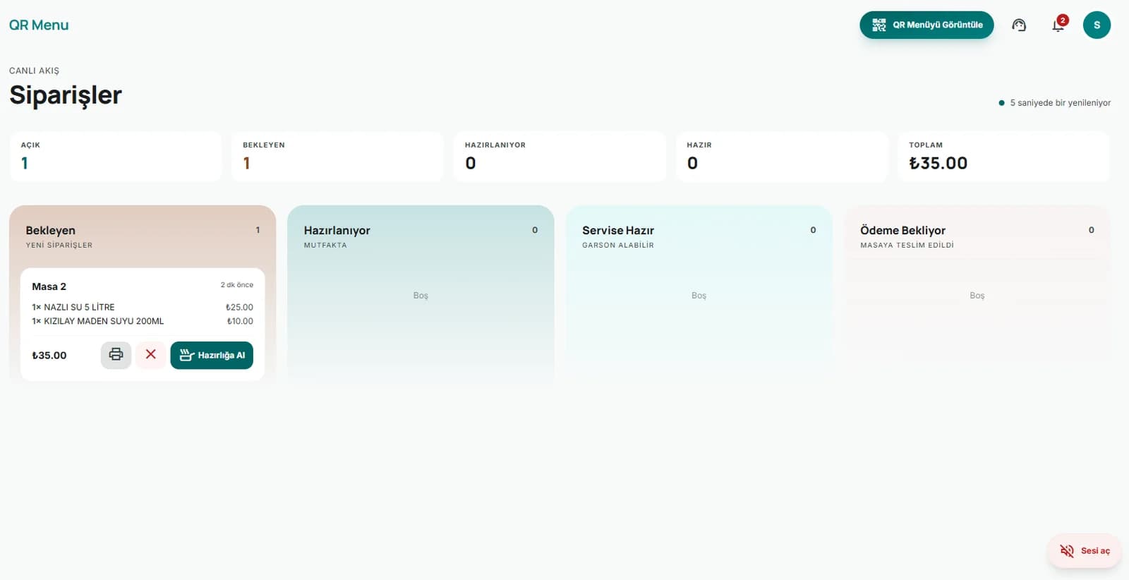 Kanban sipariş takip — sesli bildirim ile yeni sipariş bildirimi